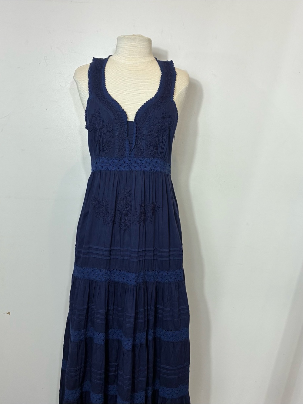 Roller Rabbit Navy Blue Persephone Dress Small Embroidered Lace Tiered Maxi S - Picture 3 of 12